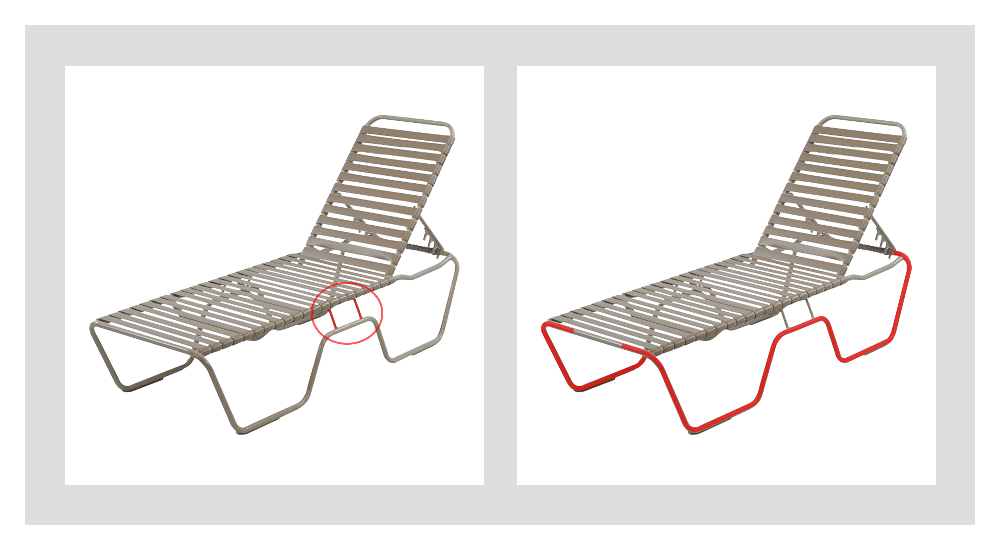 A close-up comparison shows reinforced framing on a commercial beach chaise lounge, emphasizing construction details that improve stability and longevity in sandy settings.
